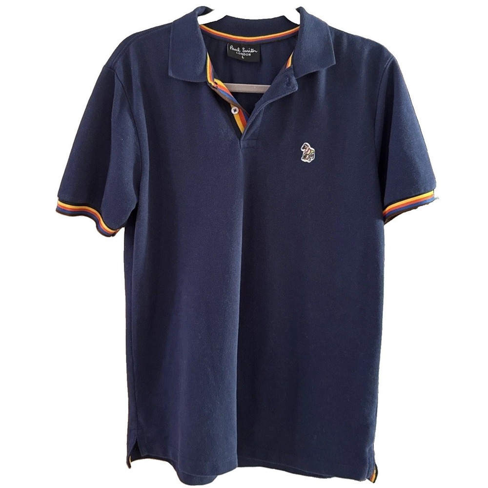 PS Paul Smith Navy 🌈 Rainbow Zebra Logo Polo Shirt Short Sleeve Men's L